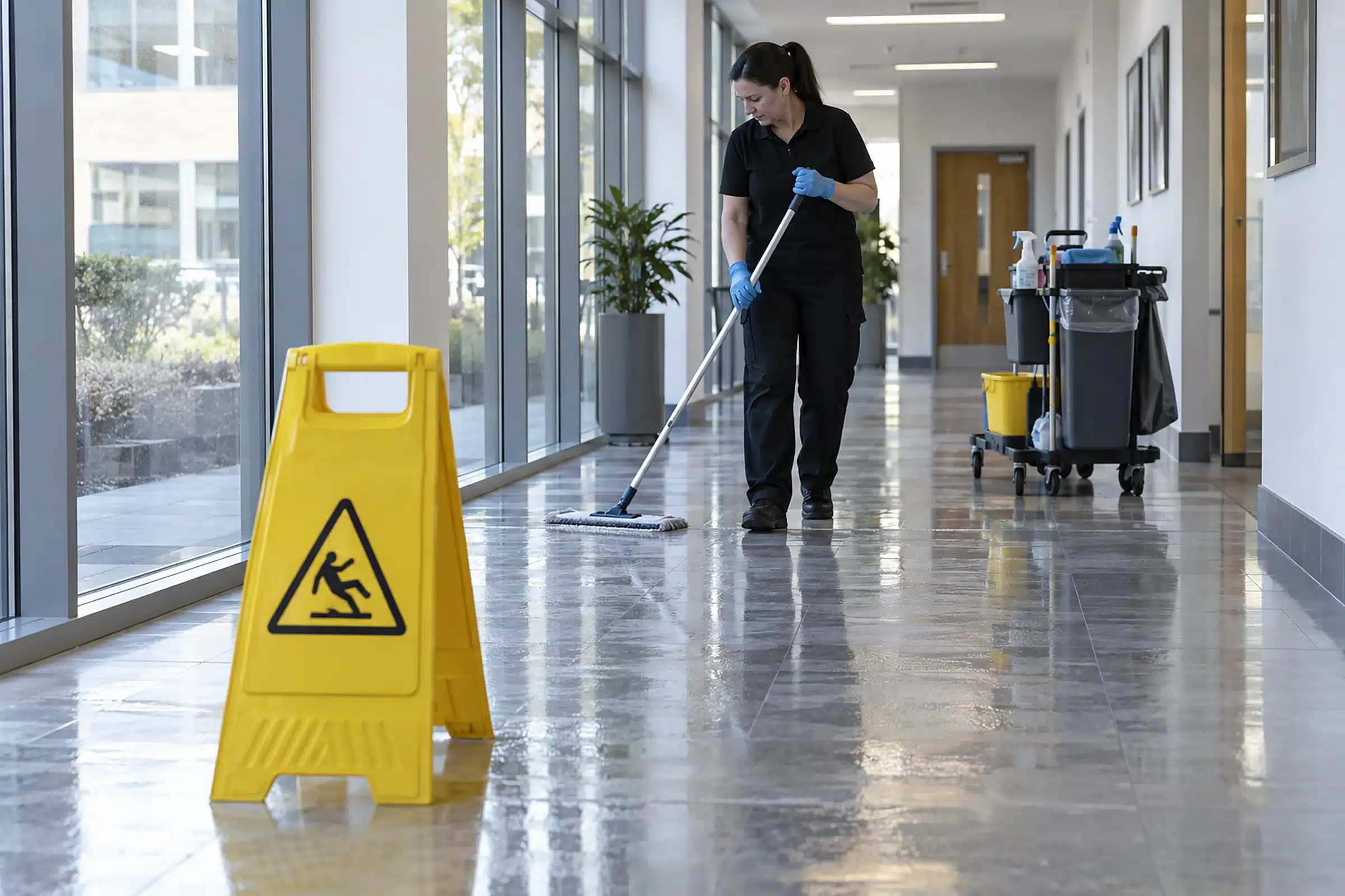 A yellow wet floor caution sign on a freshly mopped office floor with a cleaner working safely behind it